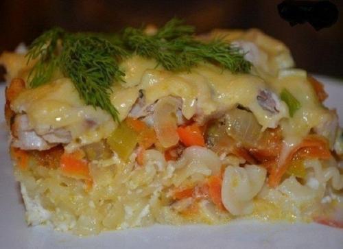 Запеканка из макарон с курицей.