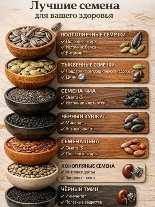 Семена - маленький продукт с большой пользой для рациона. 
