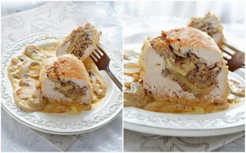 Куриные грудки фаршированные гречкой и шампиньонами, тушенные в сливочно - грибном соусе. 05