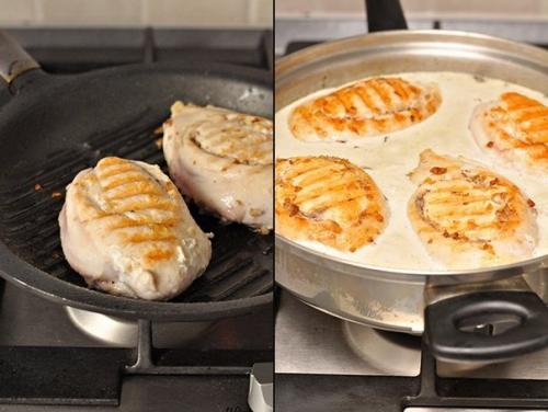 Куриные грудки фаршированные гречкой и шампиньонами, тушенные в сливочно - грибном соусе. 04