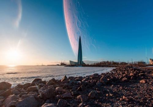 Вот так бы выглядел питер, если б планеты солнечной системы находились близко к земле. 01