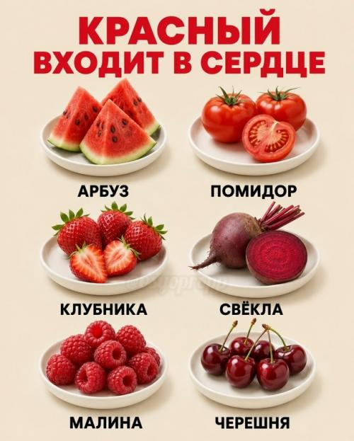 Красные продукты поддерживают сердце и сосуды, жёлтые помогают работе почек, фиолетовые полезны для мозга, а зелёные - для печени. 
