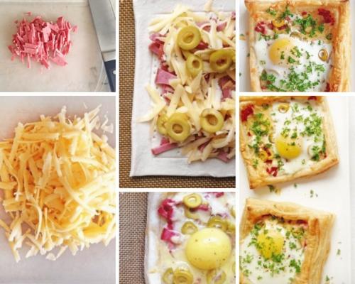 Слойки с яйцом, ветчиной и сыром.