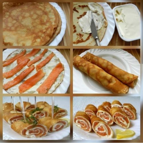 Рулетики из блинов с лососем. Рулетики из блинов с лососем.