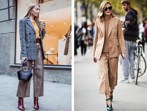 Не боимся сочетать вещи из фактурных материалов в одном комплекте: например, кожаные брюки отлично смотрятся с шерстяным жакетом.