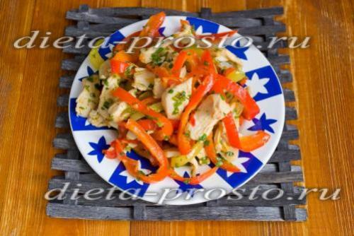 Теплый салат с курицей и болгарским перцем. Салат с курицей и перцем. 2, 3 и 4 этапы диеты
