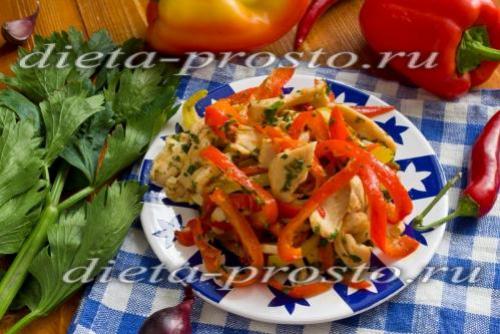 Теплый салат с курицей и болгарским перцем. Салат с курицей и перцем. 2, 3 и 4 этапы диеты