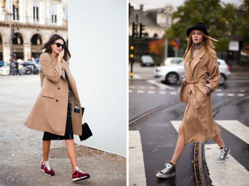 Образ пальто и кроссовки. Модный образ: пальто с кроссовками. Фото
