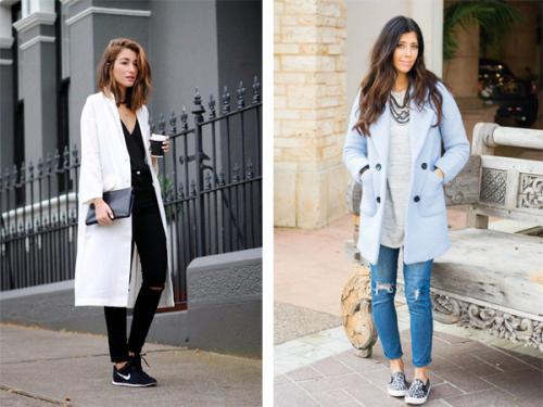 Образ пальто и кроссовки. Модный образ: пальто с кроссовками. Фото