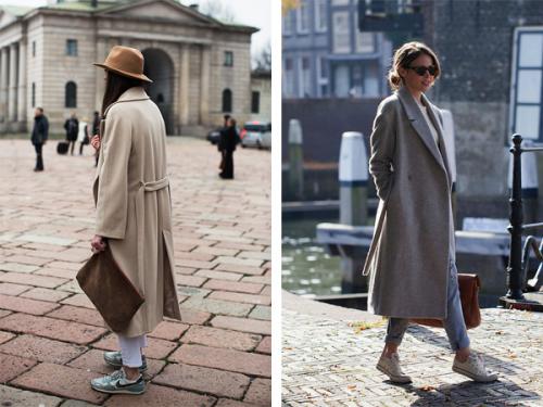 Образ пальто и кроссовки. Модный образ: пальто с кроссовками. Фото