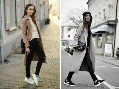 Образ пальто и кроссовки. Модный образ: пальто с кроссовками. Фото