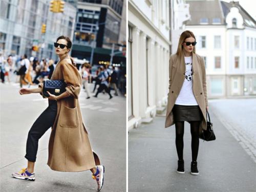 Образ пальто и кроссовки. Модный образ: пальто с кроссовками. Фото