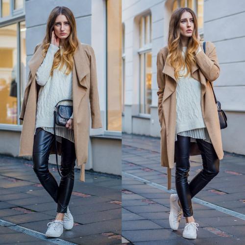 Образ пальто и кроссовки. Модный образ: пальто с кроссовками. Фото