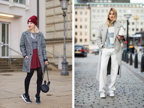 Образ пальто и кроссовки. Модный образ: пальто с кроссовками. Фото