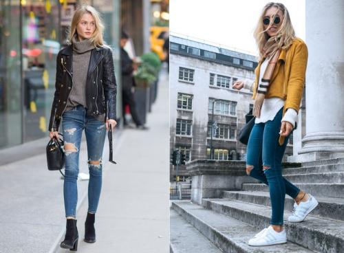 Рваные джинсы 2022. Образы с рваными джинсами и кожаной курткой 2022 фото