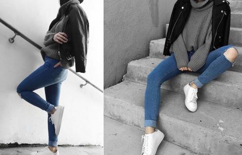 Рваные джинсы 2022. Образы с рваными джинсами и кожаной курткой 2022 фото