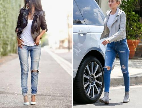 Рваные джинсы 2022. Образы с рваными джинсами и кожаной курткой 2022 фото